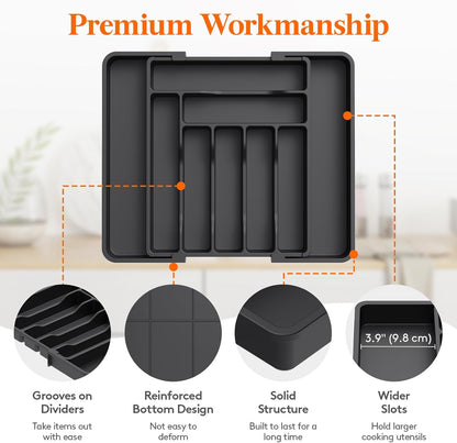 Lifewit Utensil Organizer for Kitchen Drawer, Expandable Cooking Silverware Tray, Adjustable Cutlery Flatware Holder, Plastic Spatula Tools Storage Divider, 14.4 x 15.8", Black