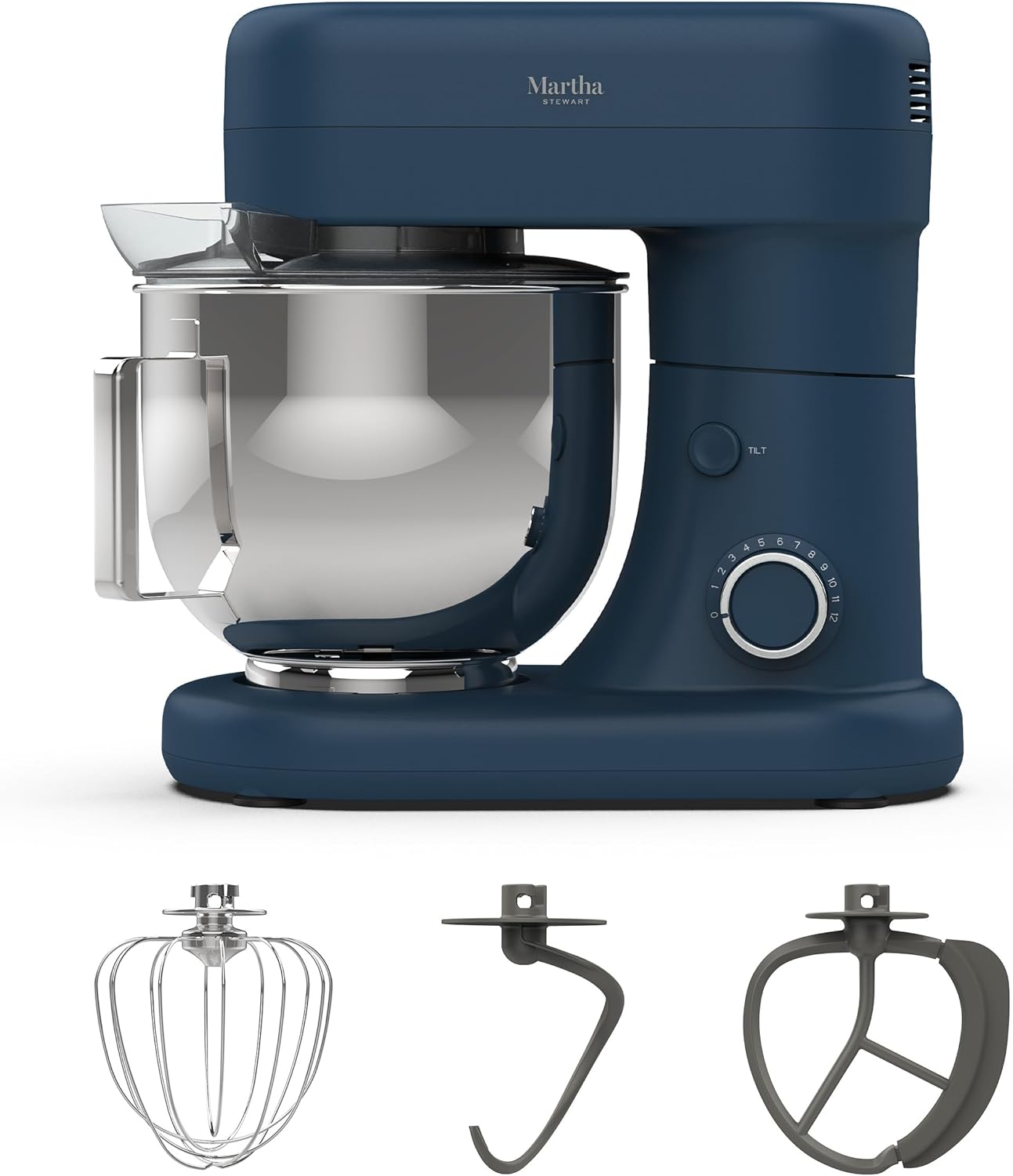 Martha Stewart Tilt-Head Stand Mixer, 12 Speed, 5.3QT Stainless Steel Bowl, Splash Guard with Pour Chute, Whisk, Dough Hook, Flat Beater, Electric Kitchen Baking Mixer, Bread, Cake, Whip, Sky Blue