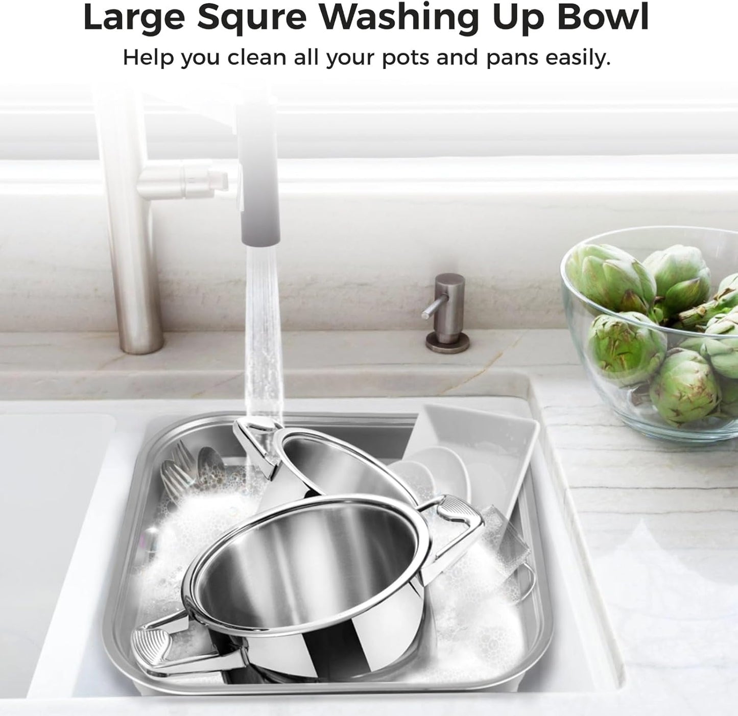 yeesport Stainless Steel Washing Up Bowl, Multi-Purpose Dish Tub for Sink, Large Square Container for Kitchen, Vegetable Washing Basin, Sturdy Dishpan for Home