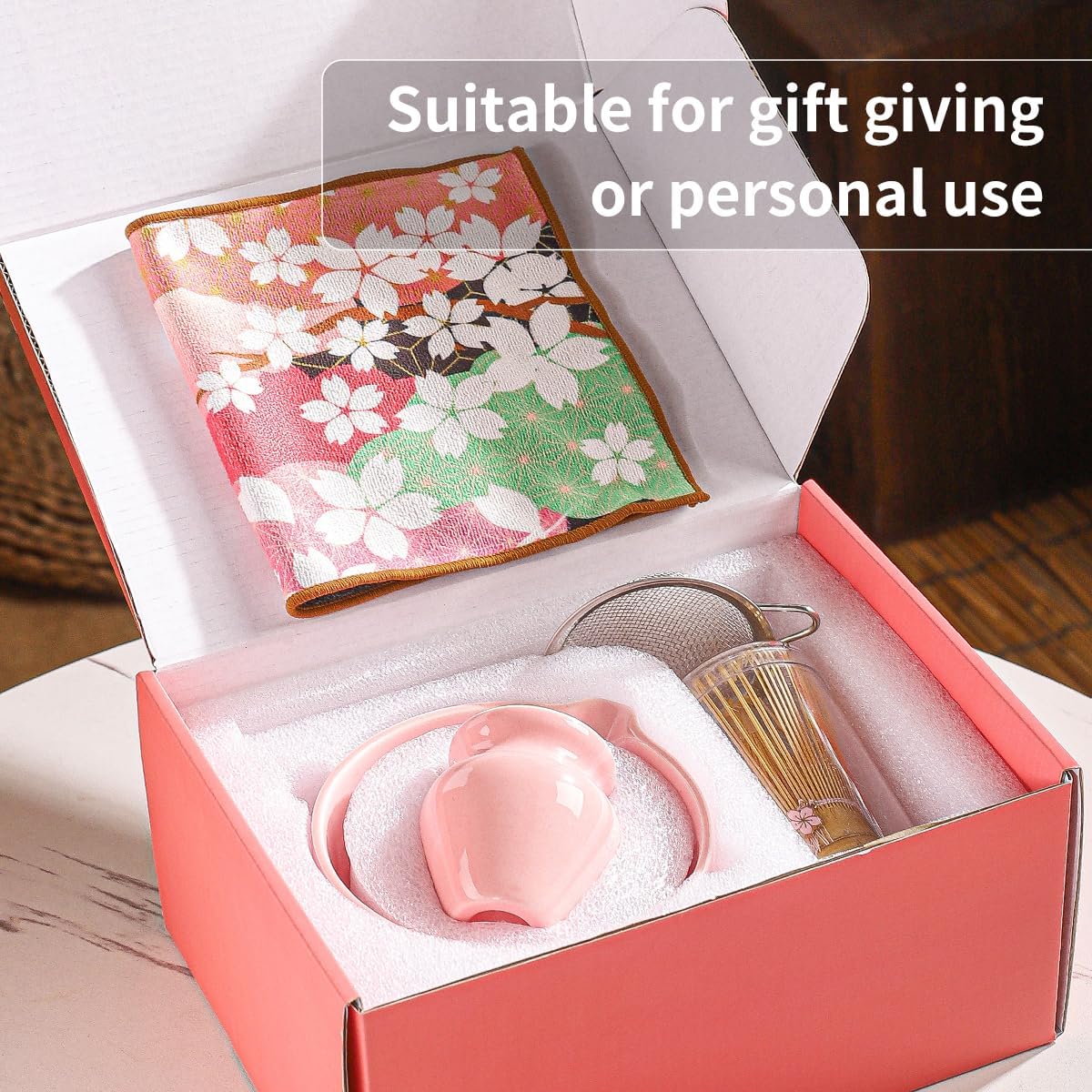 8-Piece Matcha Ceremony Set - Tea Kit with Cherry Blossom Bowl, Bamboo Whisk, Wood Scoops, Tea Cloth & Floral Display - Gift-Ready Pink Cherry color box (blue)