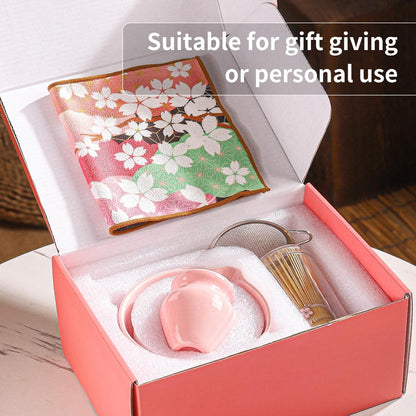 8-Piece Matcha Ceremony Set - Tea Kit with Cherry Blossom Bowl, Bamboo Whisk, Wood Scoops, Tea Cloth & Floral Display - Gift-Ready Pink Cherry color box (blue)