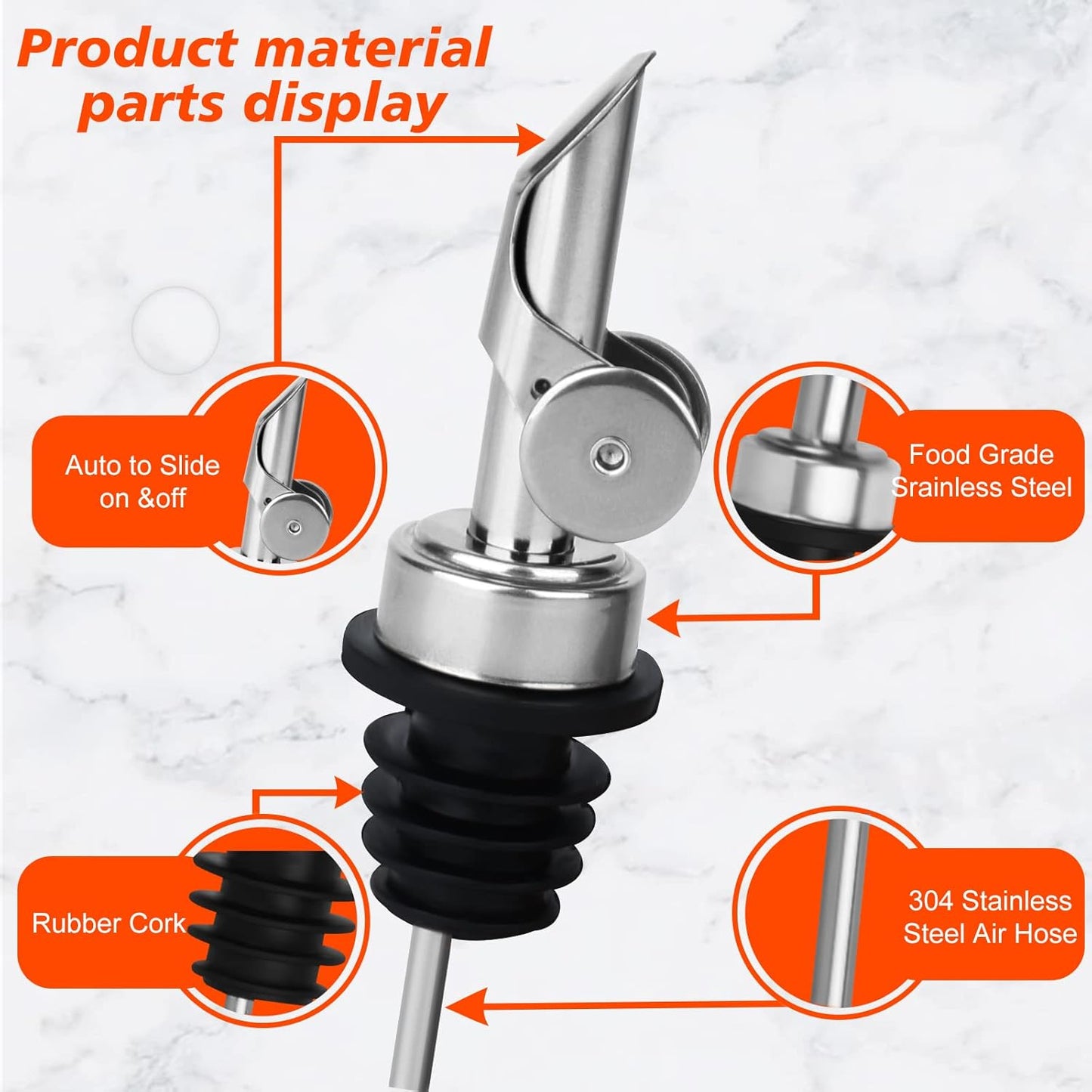 2PCS Stainless Steel Pourers, Speed Liquor Bottle Pourer, Olive Oil and Vinegar Tapered Stopper Spout, Suitable for About 3/4" Bottle Mouth, Olive Oil Spout with Sealed Dust Caps