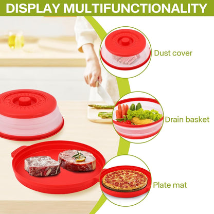 Microwave Splatter Cover for Food with Anti-scald Base Plate,Large Plastic & Silicone Vented Avoid Scalding Collapsible Guard Lid, Plate & Kitchen Colander for Meal Prep-10.7 Inch (2pcs-Gray-Black)