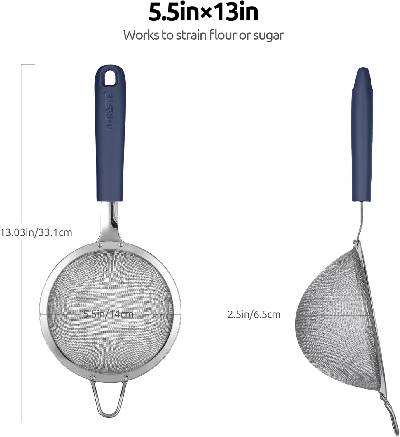 18/8 Stainless Steel Mesh Strainer: U-Taste 5.5 Inch Kitchen Fine Mesh Sieve Food Colander with Riveted Sturdy Silicone Handle and 30 Mesh Hole for Straining Flour, Pasta, Fruit, Quinoa(Aqua Sky)