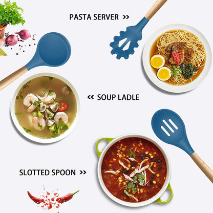 MIBOTE Silicone Cooking Kitchen Utensils Set with Holder, Wooden Handles BPA Free Non Toxic Silicone Turner Tongs Spatula Spoon Kitchen Gadgets Utensil Set for Nonstick Cookware (Coffee)