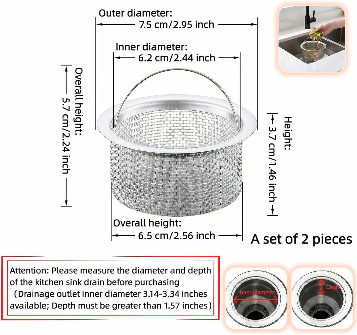 3" Kitchen Sink Strainer, 2-Pack Fine Mesh Basket - Catches Food Waste, Hair & Prevents Clogs, Rust-Proof Stainless Steel, Fits Standard Drain