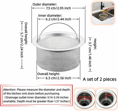 3" Kitchen Sink Strainer, 2-Pack Fine Mesh Basket - Catches Food Waste, Hair & Prevents Clogs, Rust-Proof Stainless Steel, Fits Standard Drain