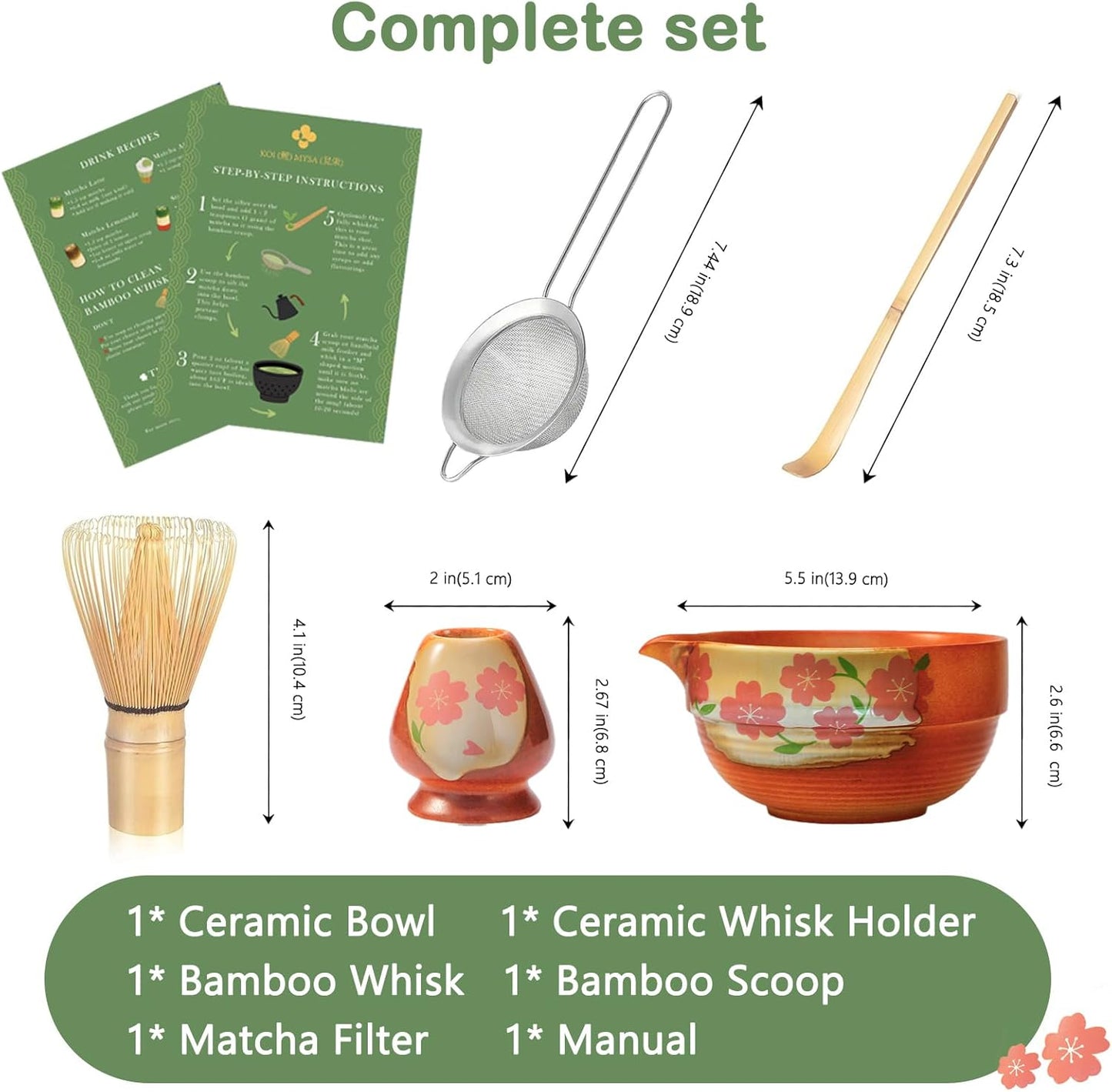 Matcha Whisk Set, 5 Pcs Traditional Japanese Matcha Whisk Preparation Kit, White Glossy Ceramic Bowl with Black Cat and Strawberry Pattern