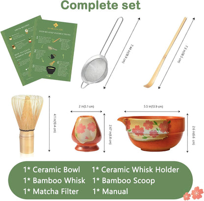 Matcha Whisk Set, 5 Pcs Traditional Japanese Matcha Whisk Preparation Kit, White Glossy Ceramic Bowl with Black Cat and Strawberry Pattern