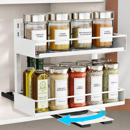 iSPECLE Pull Out Spice Rack - 2 Pack Rotate Peel and Stick No-Drill Vertical Spice Rack Organizer for Cabinet Easy Access Spices, Adjust Height for 4oz to 8oz Spice Jars Inside Kitchen Pantry Cabinet