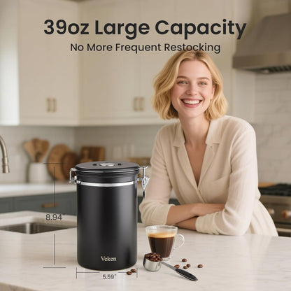 Veken Coffee Canister, Airtight Stainless Steel Kitchen Food Storage Container with Date Tracker and Scoop for Beans, Grounds, Tea, Flour, Cereal, Sugar, Cookie, 16OZ, Cream