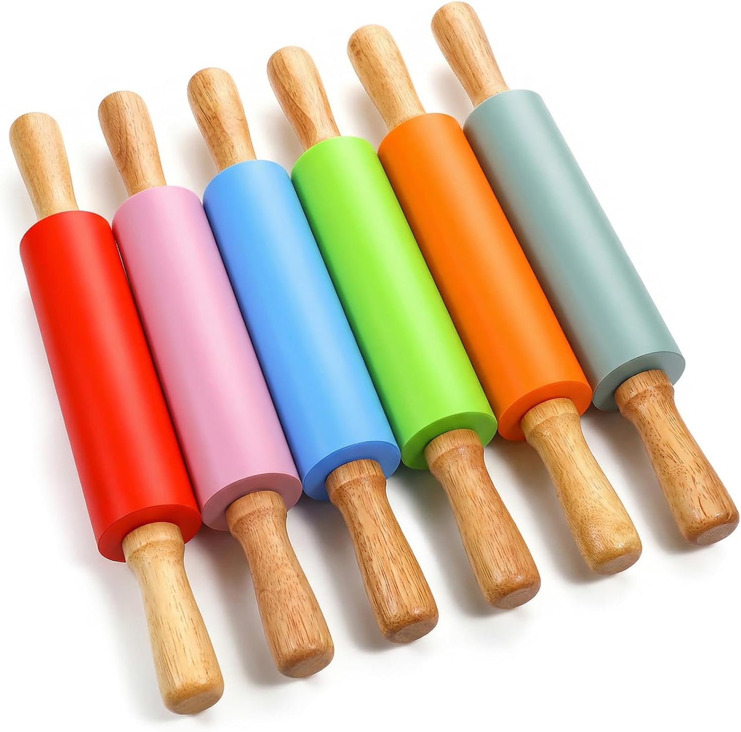 6 Pack 15 Inch Silicone Rolling Pins for Baking, Rolling Pin Non Stick with Wooden Handle, Small Rolling-Pins for Dough, Cookie, Pastry, (6 Colors)