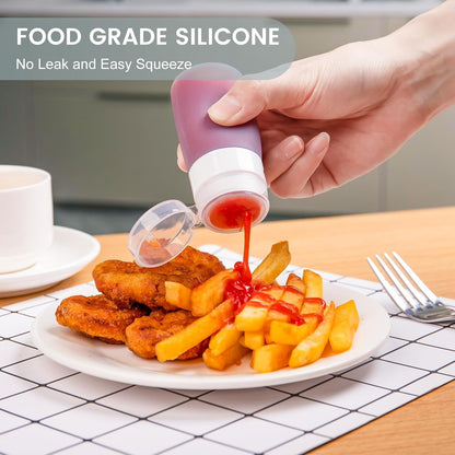 MICEBAY Condiment Squeeze Bottles for Sauces, 2-oz Mini Silicone Salad Dressing Container to Go with Reusable Sandwich Bag, Leakproof Ketchup Bottle for Bento Lunch Box, 4 Pack, Candies