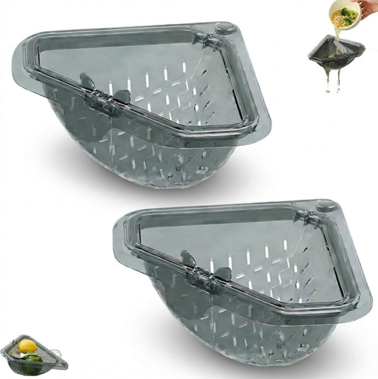 Magnetic Drainage & Filter Basket 2.0 Design, Corner Sink Strainer with Twist-Open Bottom, Triangular Drain Basket for Food Scraps & Rinsing Produce, Fits Metal Sinks (Green+White)