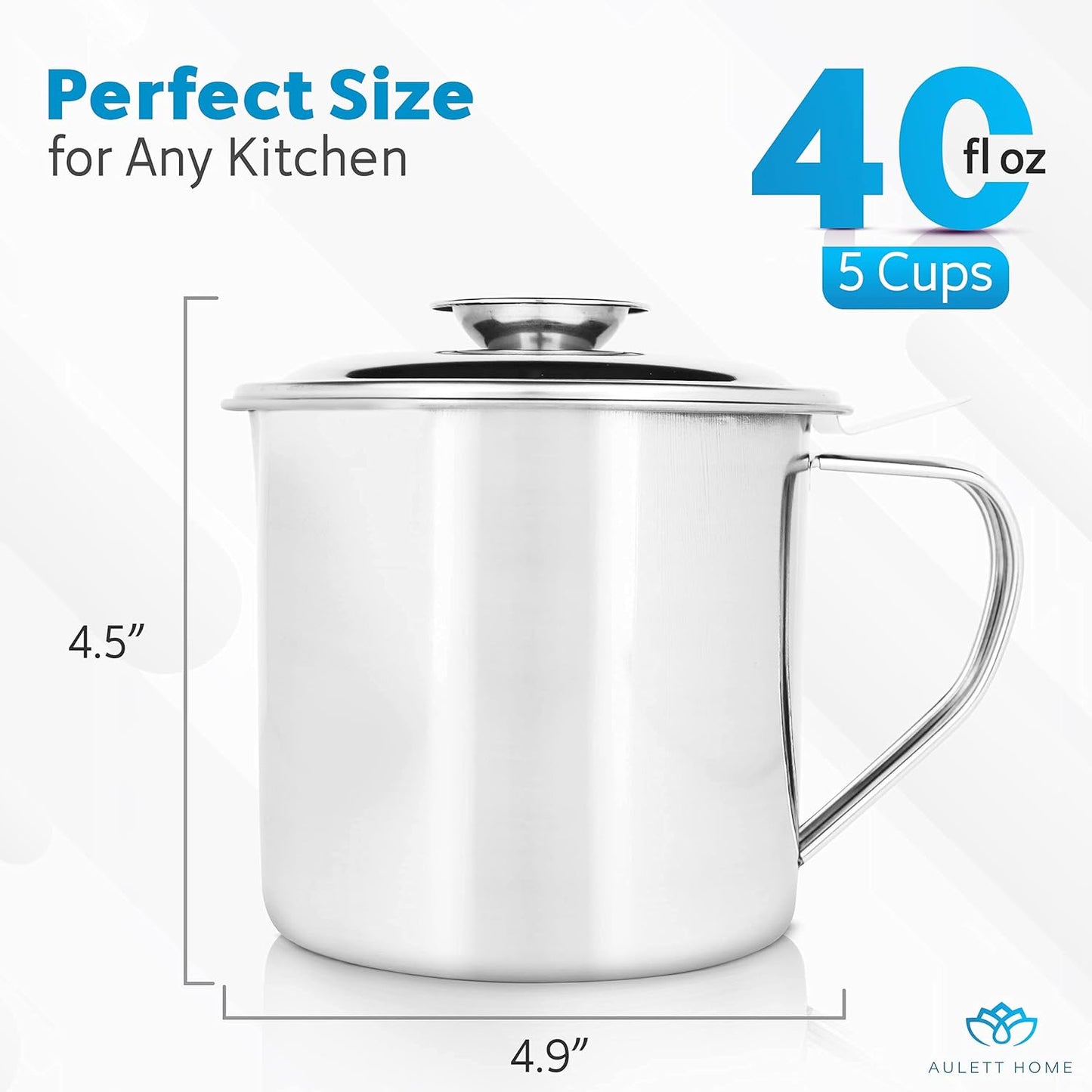 Bacon Fat Container with Oil Strainer - 40 oz Stainless Steel Grease Separator for Kitchen - Oil Separator for Cooking, Storing Fats, Drippings - Grease Keeper for Bacon Fat - 4.5x4.9-Inch