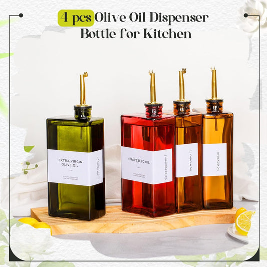 4 Set 17oz Colorful Olive Oil Dispenser Bottles for Kitchen, Uv-blocking Oil and Vinegar Dispenser Set with Labels and Funnel, Leakproof Container for Home Restaurant