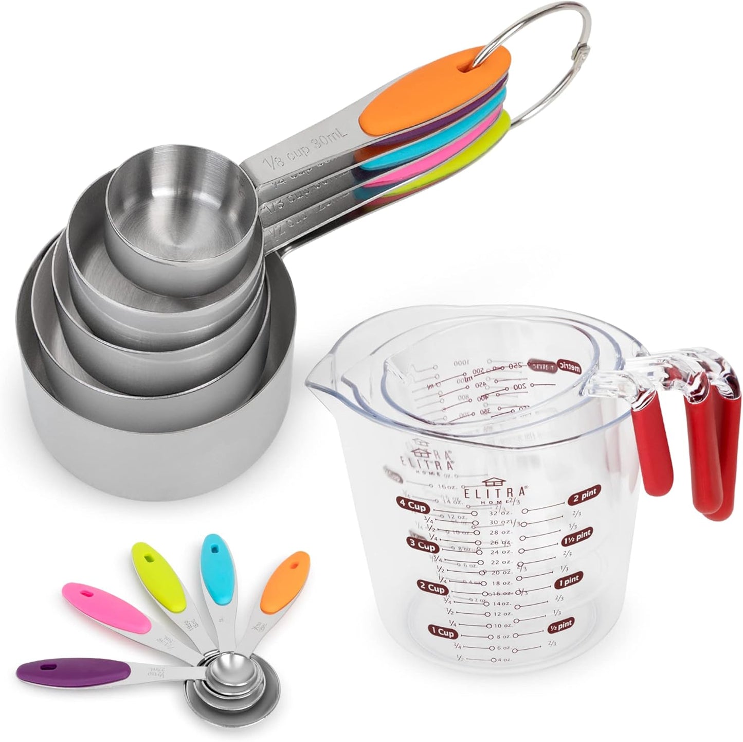Elitra Home Complete Measuring Set, 13-Pack Stainless Steel Cups, Spoons, Plastic Measuring Pitchers with Spout - Engraved Measurements, Non-Slip Handles - Cooking & Baking Essentials