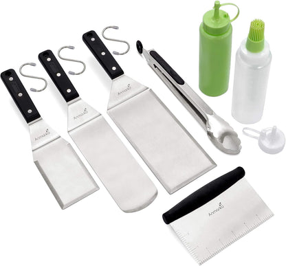 Stainless Steel Metal Spatula Set - Teppaniyaki Spatulas - Griddle Scraper Flat Spatula Pancake Flipper Hamburger Turner - Metal Utensil great for BBQ Grill Flat Top Cast Iron Griddle Accessories