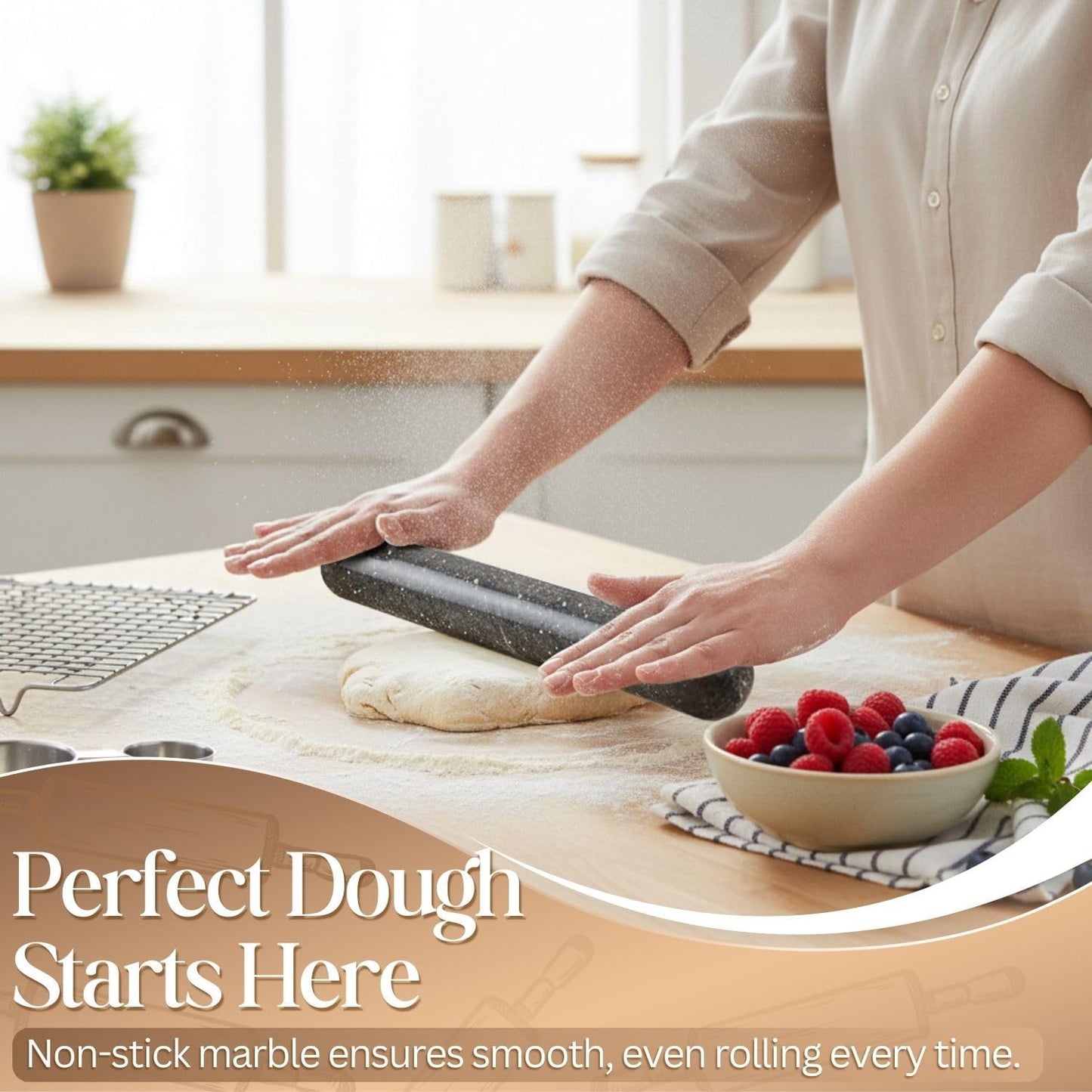 Flexzion French Rolling Pin, 12 Inch White Marble Rolling Pins for Baking with Wooden Base Holder Stand - Non-Stick Baking Roller for Baking Fondant, Crust, Pastry, Cookies, Pizza, Pasta