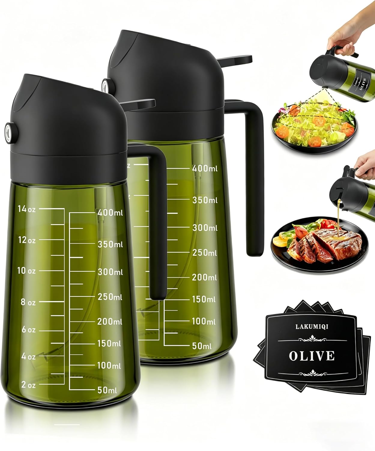 LAKUMIQI 2-in-1 Olive Oil Sprayer for Air Fryer – 16oz Glass Oil Dispenser & Cooking Oil Mister – Spray & Pour Bottle, Non-Aerosol, Leak-Resistant, for Salad, BBQ, Kitchen