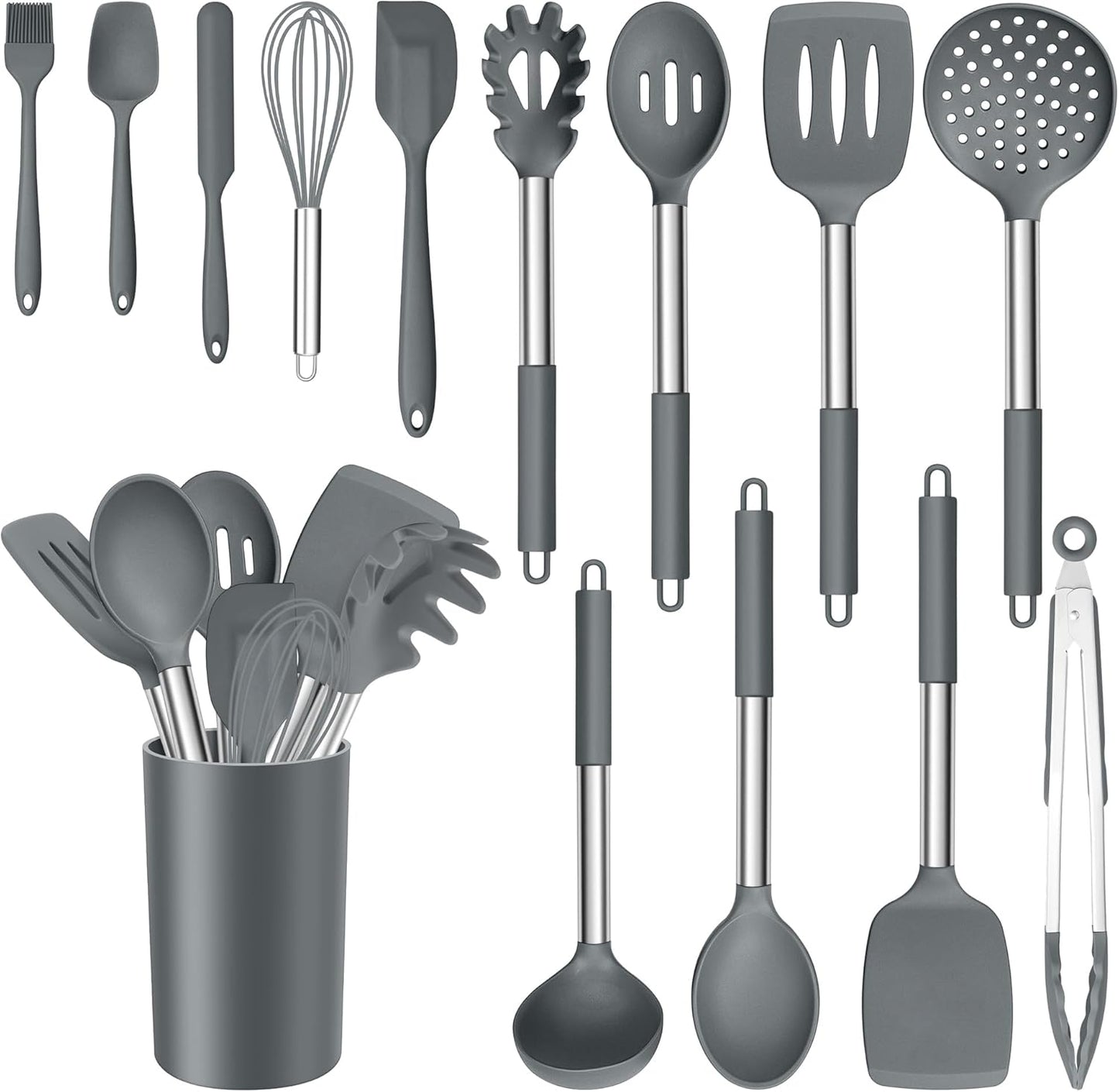 E-far 14 Pieces Silicone Cooking Utensils Set, Kitchen Utensils Set with Holder, Spatula, Ladle, Spoon, Tong, Slotted Turner for Nonstick Cookware, Heat Resistant & Stainless Steel Handle, Black