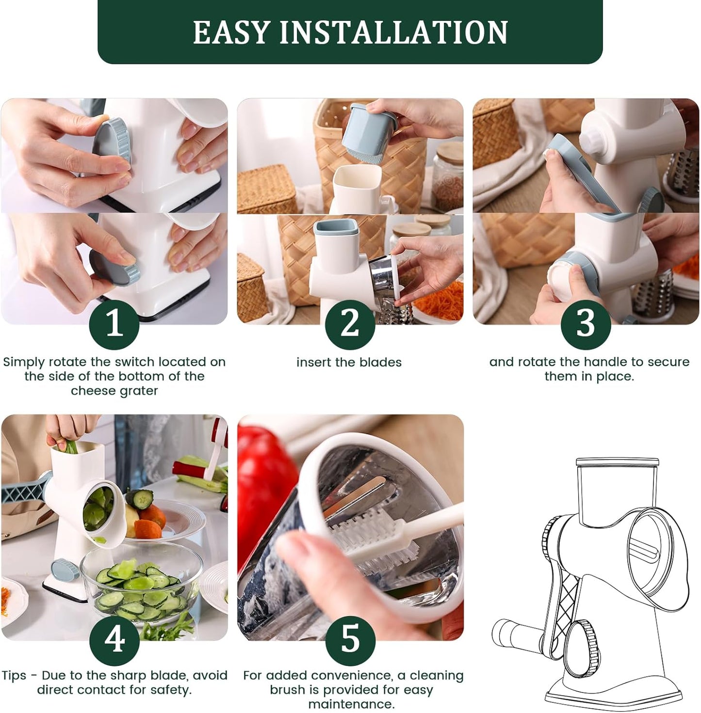 HANSGO Rotary Cheese Grater Hand Crank, Shredder Slicer Grinder, 3 Large Diameter Metal Blades & Cleaning Brush, Non-slip Suction Base, Labor-Saving Handle, Kitchen Gadgets for Cheese, Vegetable, Nuts