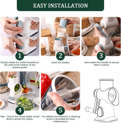 HANSGO Rotary Cheese Grater Hand Crank, Shredder Slicer Grinder, 3 Large Diameter Metal Blades & Cleaning Brush, Non-slip Suction Base, Labor-Saving Handle, Kitchen Gadgets for Cheese, Vegetable, Nuts