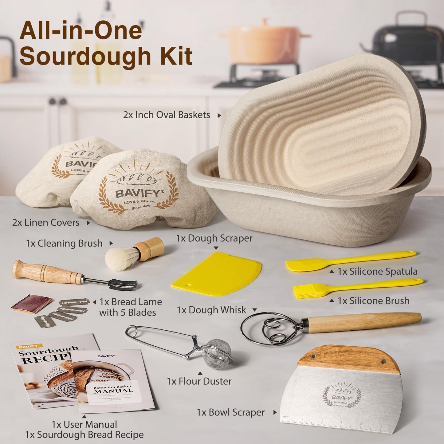 Wood Pulp Banneton Bread Proofing Basket Set, Non-Stick Dough Proofing Bowl for Sourdough, Sourdough Starter Kit Bread Baking Supplies Making Tools (Round)