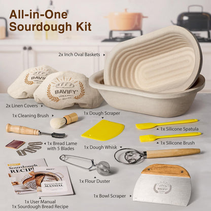 Wood Pulp Banneton Bread Proofing Basket Set, Non-Stick Dough Proofing Bowl for Sourdough, Sourdough Starter Kit Bread Baking Supplies Making Tools (Round)
