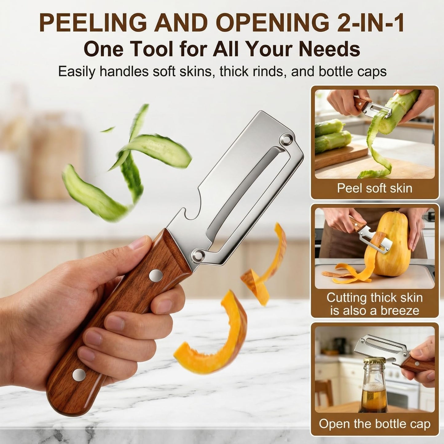 MultiFunctional Vegetable Peeler for Kitchen, Vegetable Peeler with Wooden Handle and Bottle Opener, 2-in-1 Stainless Steel Kitchen Peelers for Fruit Veggie Apple Potato Pumpkin Papaya(1PCS)