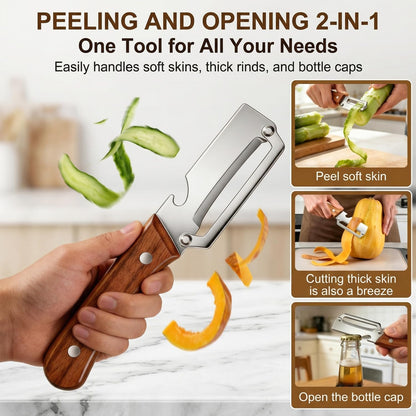 MultiFunctional Vegetable Peeler for Kitchen, Vegetable Peeler with Wooden Handle and Bottle Opener, 2-in-1 Stainless Steel Kitchen Peelers for Fruit Veggie Apple Potato Pumpkin Papaya(1PCS)