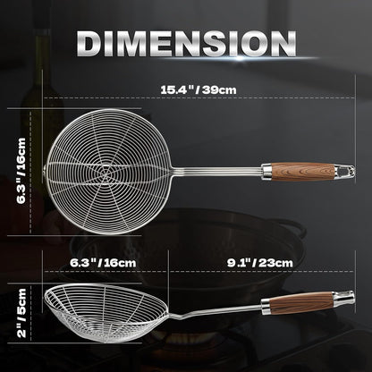 IQCWOOD Spider Strainer Skimmer with Wood Handle - 5.5 Inch Fryer Scoop for Cooking and Frying, Kitchen Utensils Pasta Strainer Spoon
