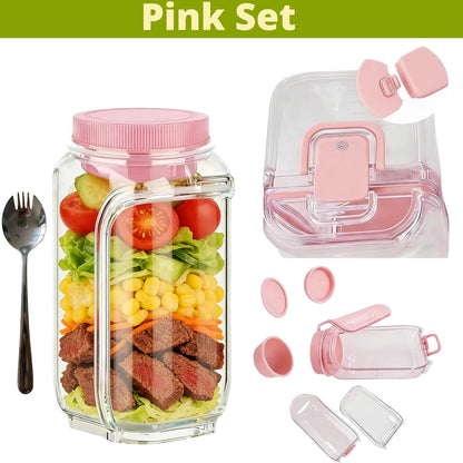 Salad Pod Mason Jar Side Open For Office, Travel, Gym & Picnic With Dressing Cup & Lid - Leak Proof Salad Container For Lunch - Safe, User-Friendly & Easy Clean Salad Jar With Side Opening ( Pink )