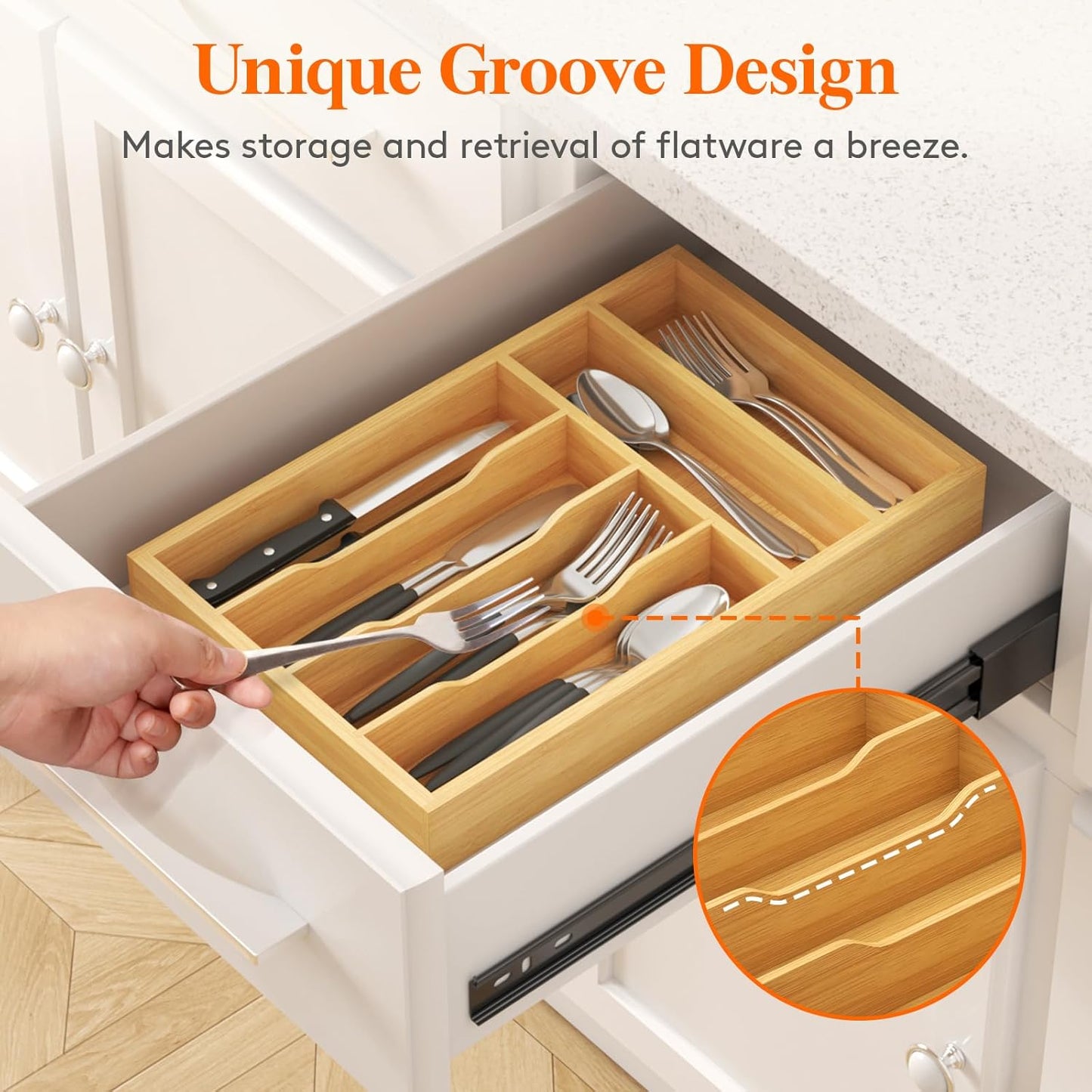 Lifewit Silverware Drawer Organizer, Utensil Tray for Kitchen, Flatware and Cutlery Holder, Storage for Spoons Forks Knives, 6.7 x 12", Natural