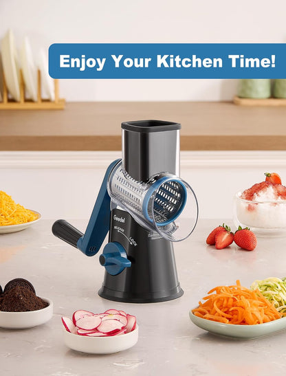 Geedel Rotary Cheese Grater, Kitchen Mandoline Vegetable Slicer with 3 Interchangeable Blades, Easy to Clean Grater for Fruit, Vegetables, Nuts