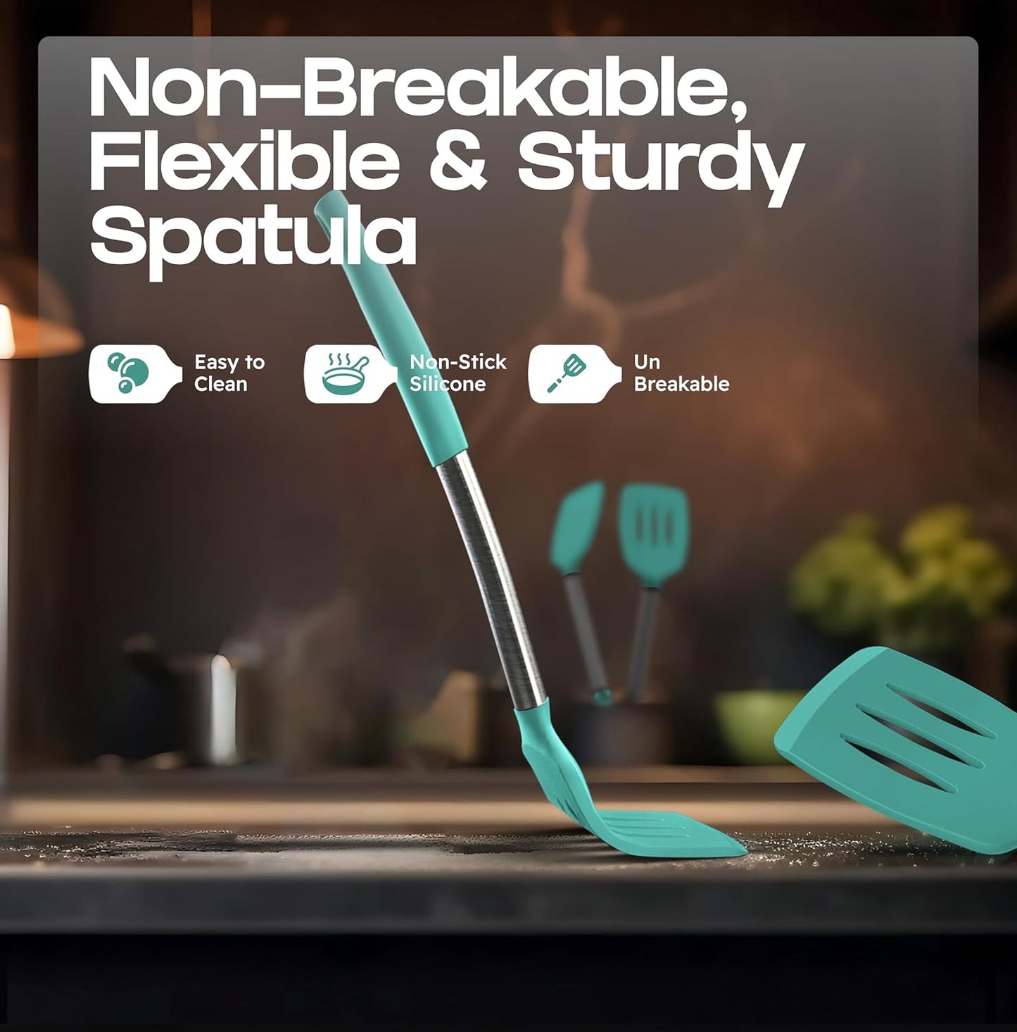 BakeRoyal Silicone Spatula Set - Turner Spatulas Silicone Heat Resistant 600°F - Slotted & Solid Spatula for Cooking Fish, Eggs, Pancakes Flipper – Spatulas for kitchen use – Royal Blue