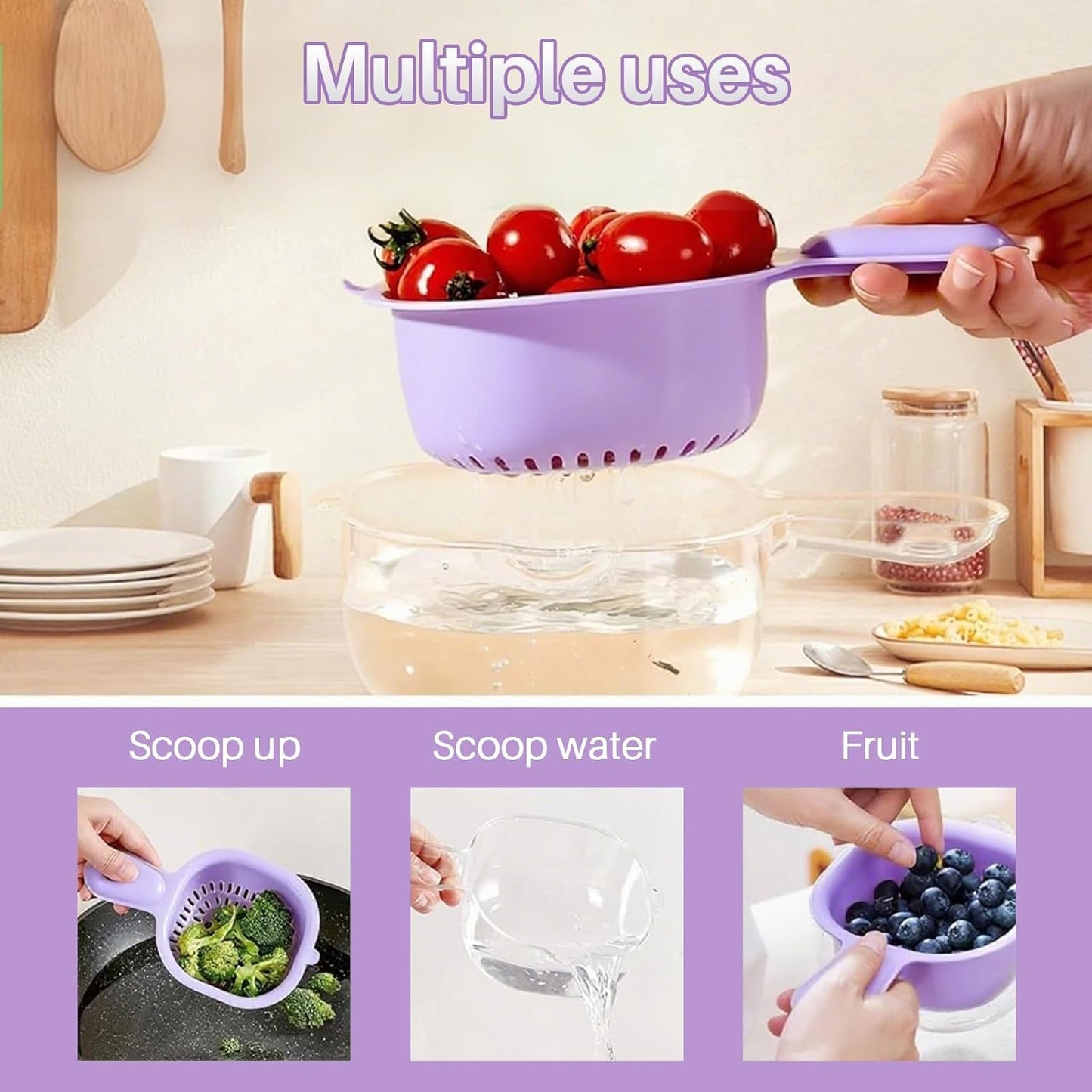 Kitchen Dual-Layer Draining Basket With Handle, Small Fruit Spinner And Strainer, Mini Colander, Dual Layer Rinser, Watermelon Bowl Strainer Container For Berries, Vegetables, Fruits (Purple)