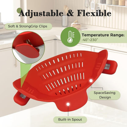 Clip-On Silicone Strainer for Pots, Heat-Resistant Handsfree Pasta & Vegetable Colander, Space-Saving Kitchen Gadget for Noodles, Veggies & Berries (Grey)