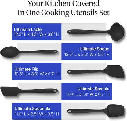GIR: Get It Right 5-Piece Silicone Ultimate Kitchen Utensils Set - Ladle, Spatula, Flip, Spoon & Spoonula - Non-Toxic Cooking Utensils for Nonstick Cookware, Cooking and Baking - Black
