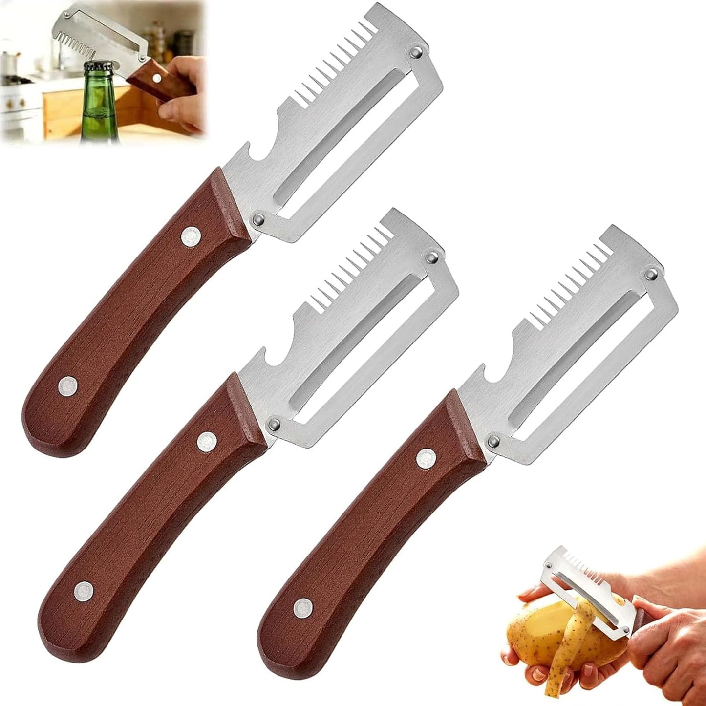 2 in 1 Serrated Peeling Knife, Multi-functional Vegetable Peeler for Kitchen, 2026 New Stainless Steel Peeler with Wooden Handle and Bottle Opener