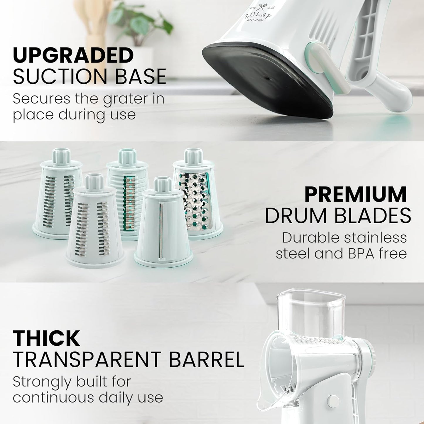 Zulay Kitchen Rotary Cheese Grater 5 Blade Cheese Shredder - Manual Hand Crank Cheese Grater With Reinforced Suction & 5 Interchangeable Drums - Easy to Use, Vegetable Chopper Round Mandoline Slicer - Colors B