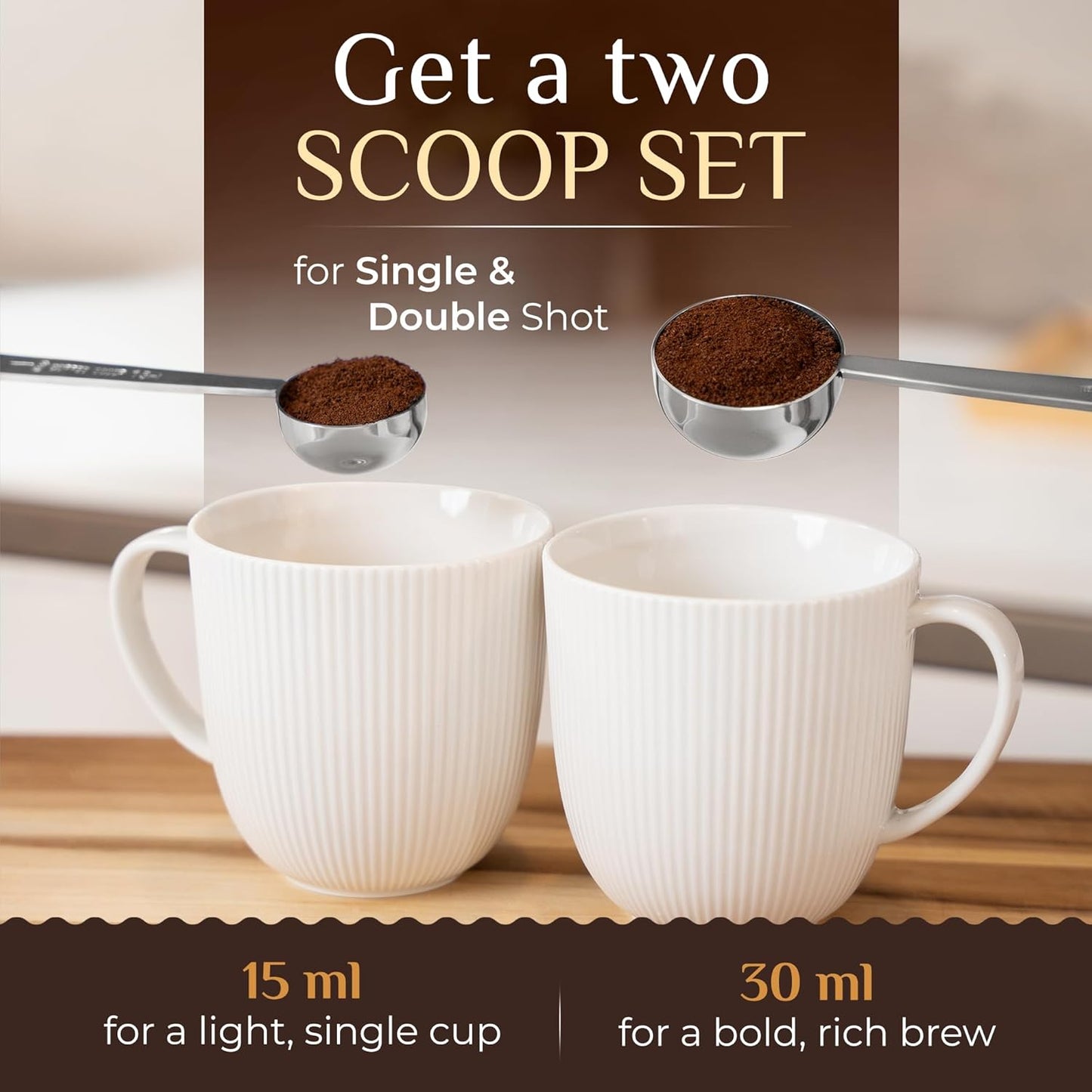 Orblue Premium Coffee Scoop Set - 1 Tbsp (15ml) & 2 Tbsp (30ml) Measuring Tablespoon - Stainless Steel Coffee Measuring Spoon and Scooper with Long Handles - Pack of 2 Black