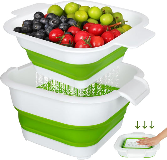 ROTTOGOON Collapsible Colander Set with Strainer Bowl, 2 in 1 Fruit Washing Basket with Strainer, 5 + 3 QT Plastic Colanders for Kitchen, Foldable Double Layered Colanders Bowl for Vegetable, Grey