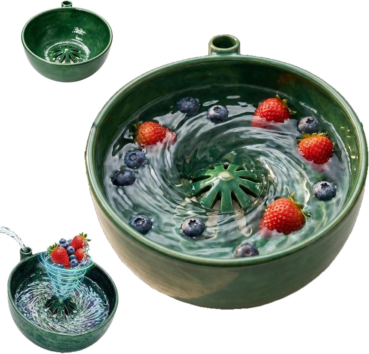 Berry Ceramic Bowl, Ceramic Fruit Washer, Vortex Washing Berry Washing Bowl with Drain Holes, Rinse & Drain Fruit Washing Bowl for Kitchen Prep Berries Grapes Vegetables Home Daily Use (1)