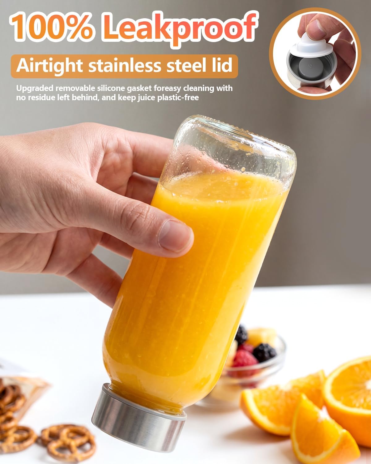 Zukro 12 oz Glass Juice Bottles with Lids & Straw, Airtight & Leak proof, Reusable Clear Small Bottle With Stainless Steel Cap for Juicing, Water, Smoothie & Milk, Dishwasher Safe & BPA Free, 12 Pack