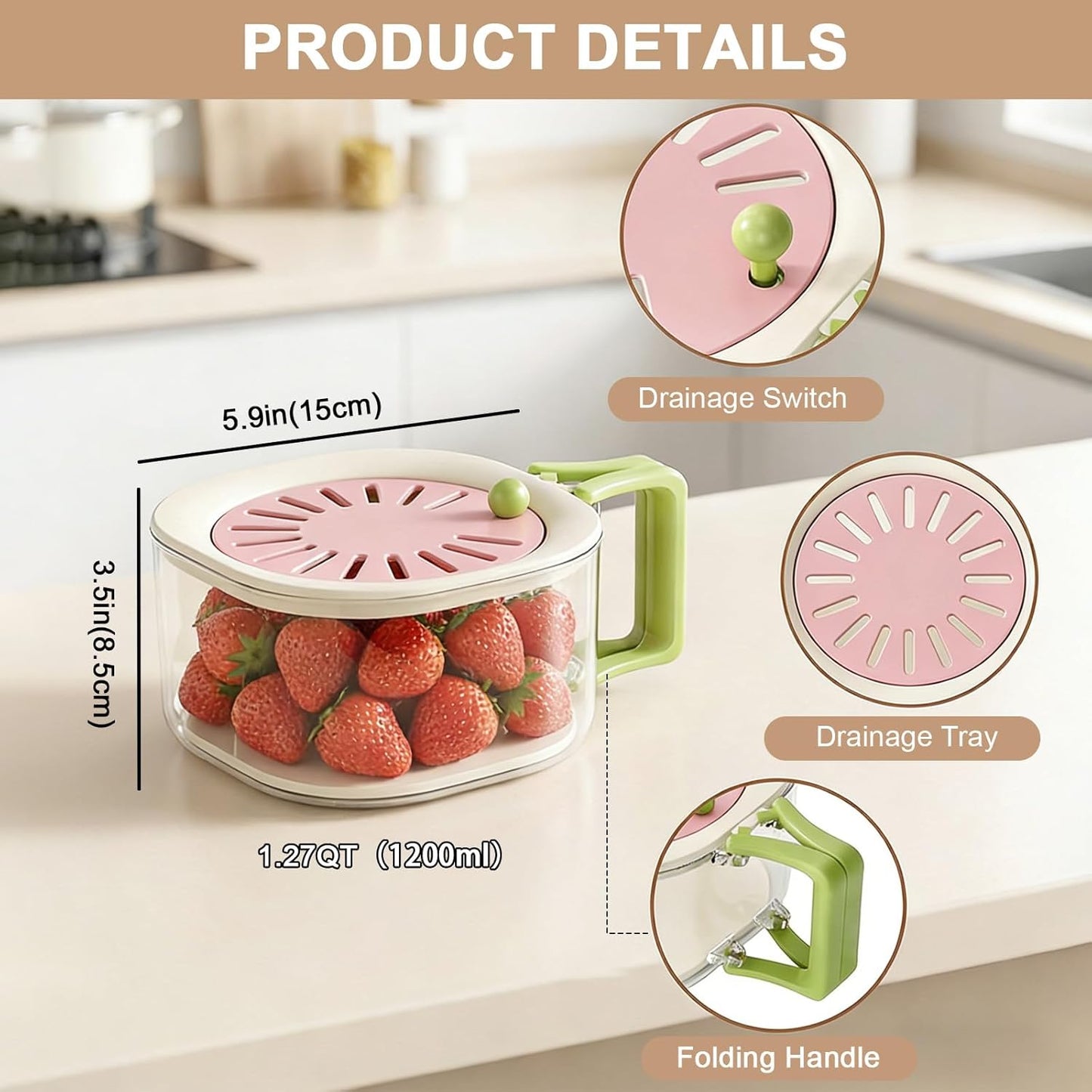 Fruit Vegetable Drain Basket Washing Bowl with Strainer, Multifunctional Produce Washer, Berry Container, Lettuce Keeper for Fridge Refrigerator Kitchen Organization