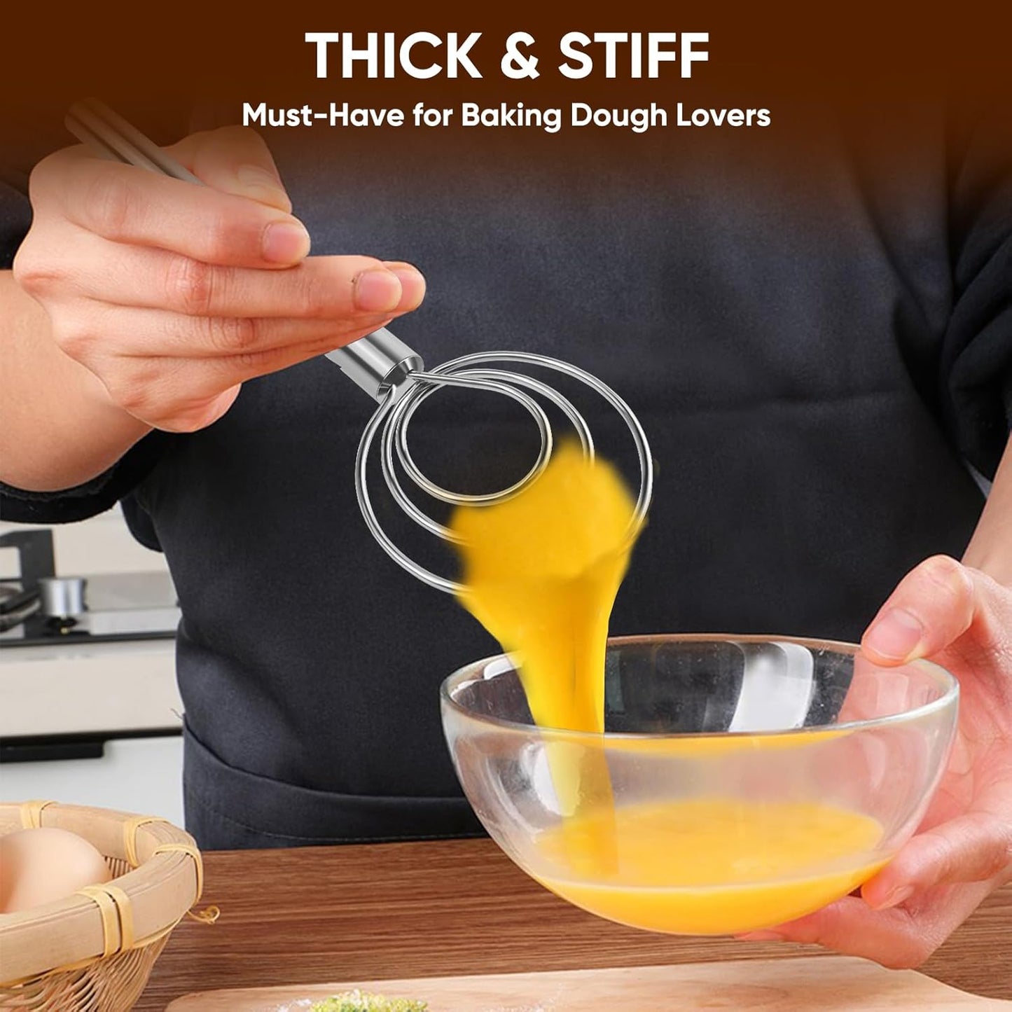 Maxjoy Danish Dough Whisk Wooden Dutch Bread Mixer with Stainless Steel Hook for Sourdough Baking Hand Tool