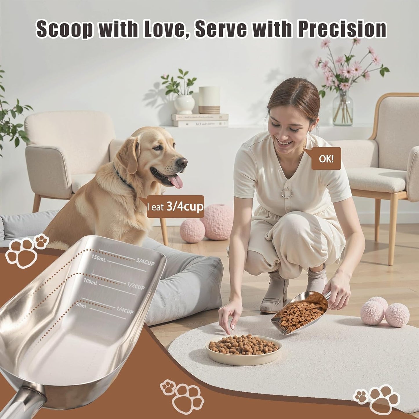 Pet cat-dog food-scoop measuring 1-cup - Food-grade 304 stainless steel material | 1-Cup capacity | Precision scale measurements