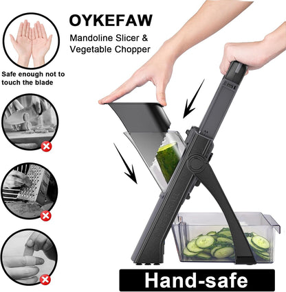 Safe Mandoline Slicer for Kitchen, 6 in 1 Vegetable Chopper, French Fry Cutter For Potatoes, Potato Slicer,Food Chopper,Adjustable Thickness 0.1-8 mm, With Peeler/Cleaning Brush (Black)