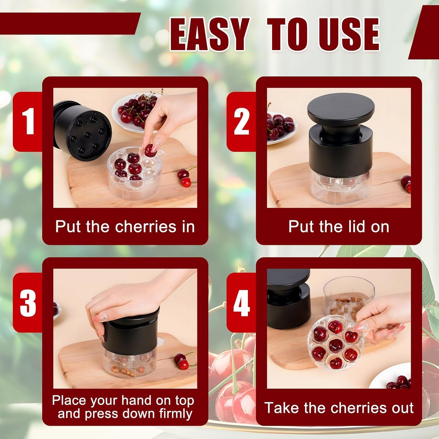 Cherry Pitter Multiple,2025 Quickly Release Multi Cherries Stoner Pitter,7-Hole Push Button Cherr'y Core Pit'ter Tool with Splatter Protector,Pit Seed Remover for Making Cherry Jam, Black